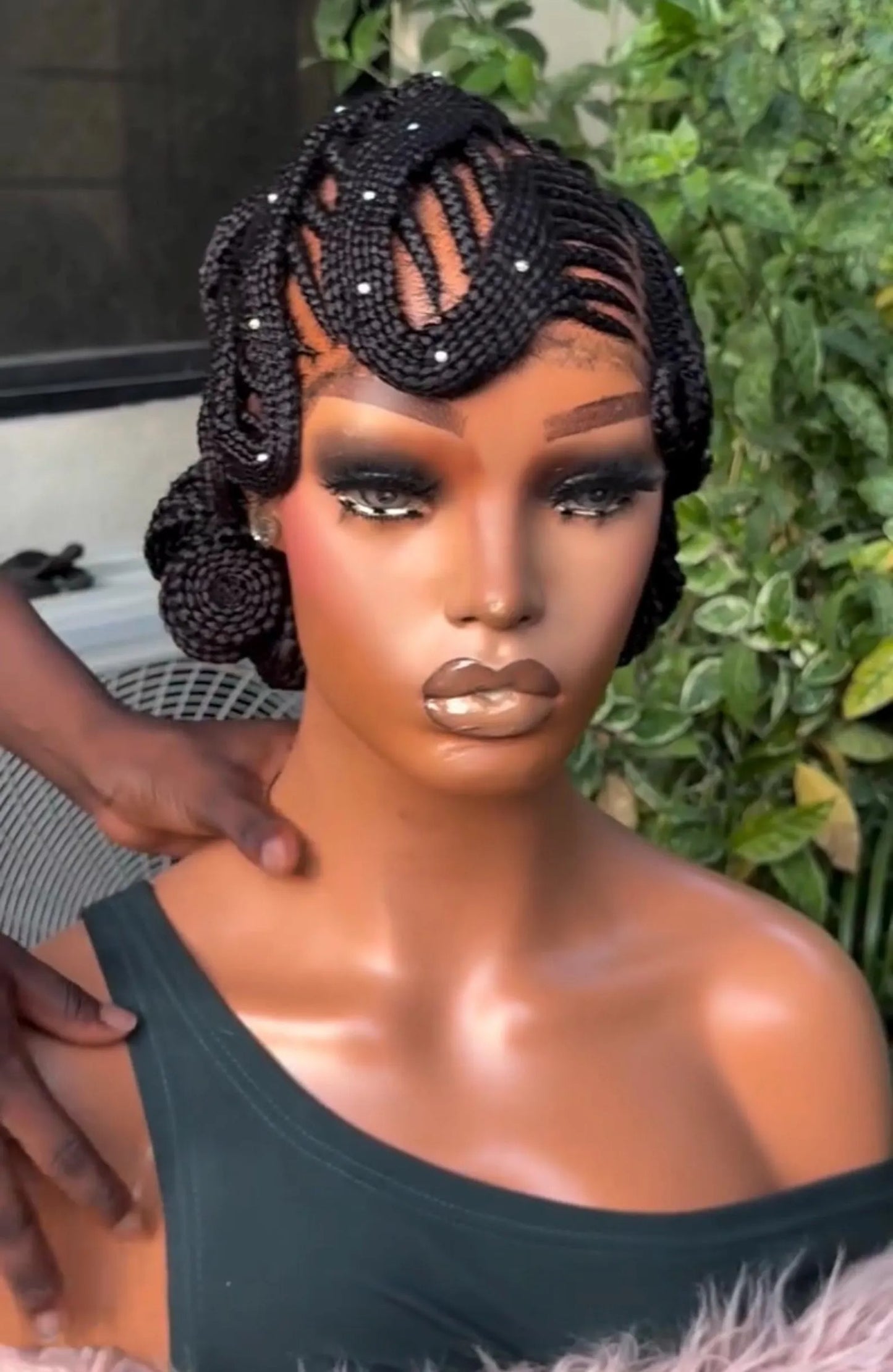Handmade Braided Wig, Sculpted Updo Cornrows, Crystal Beads, Natural Black Synthetic Fiber