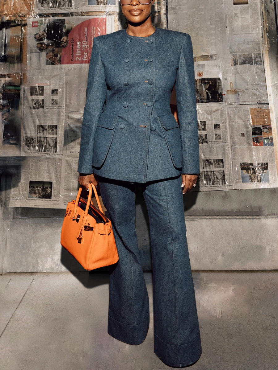 Tailored Confidence Denim Set – Double-Breasted Jacket & Flare Pants