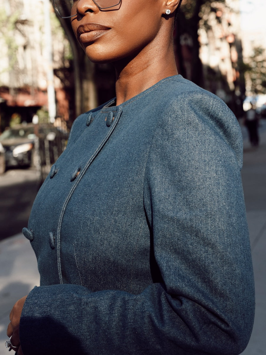 Tailored Confidence Denim Set – Double-Breasted Jacket & Flare Pants
