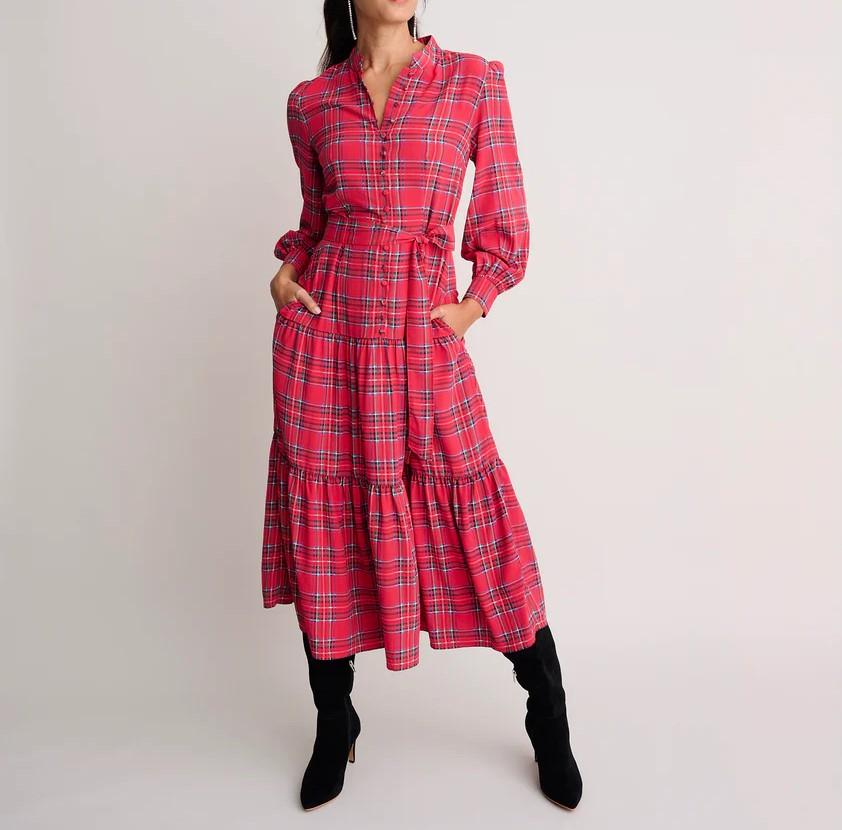 Tartan Plaid Crepe Midi Dress