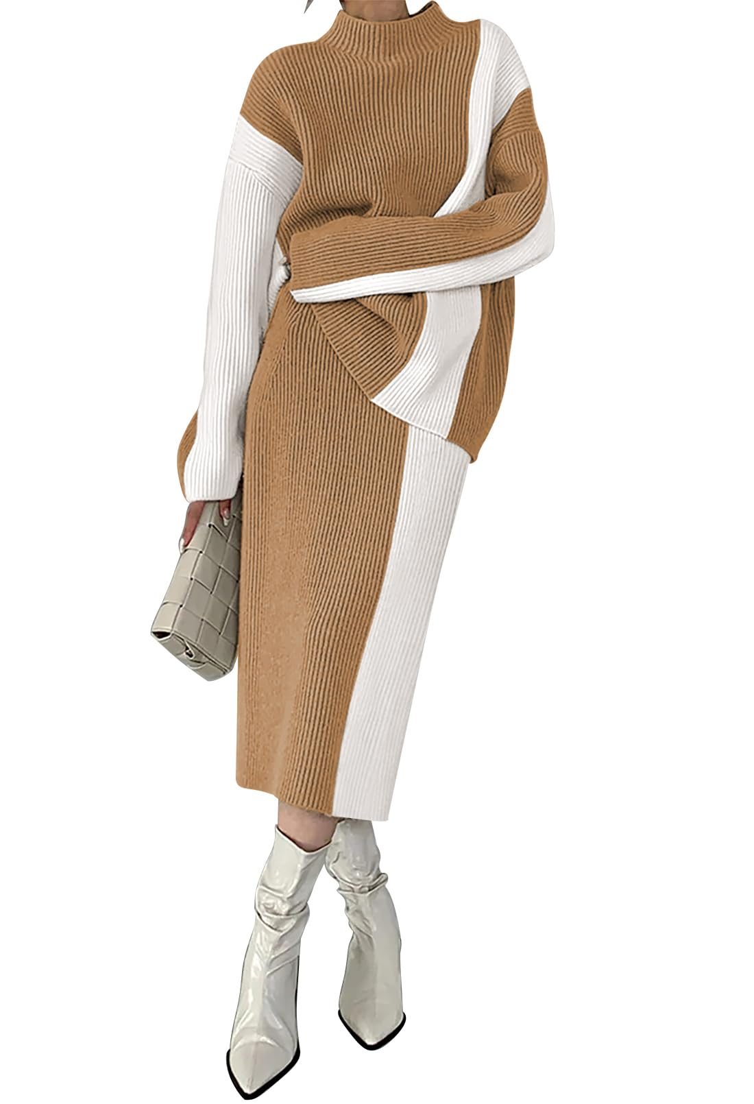 Autumn and winter sweater high waist color block dress suit