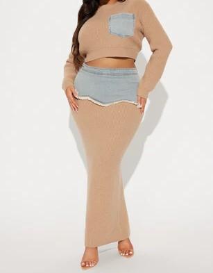 Denim patchwork sweater midi skirt suit