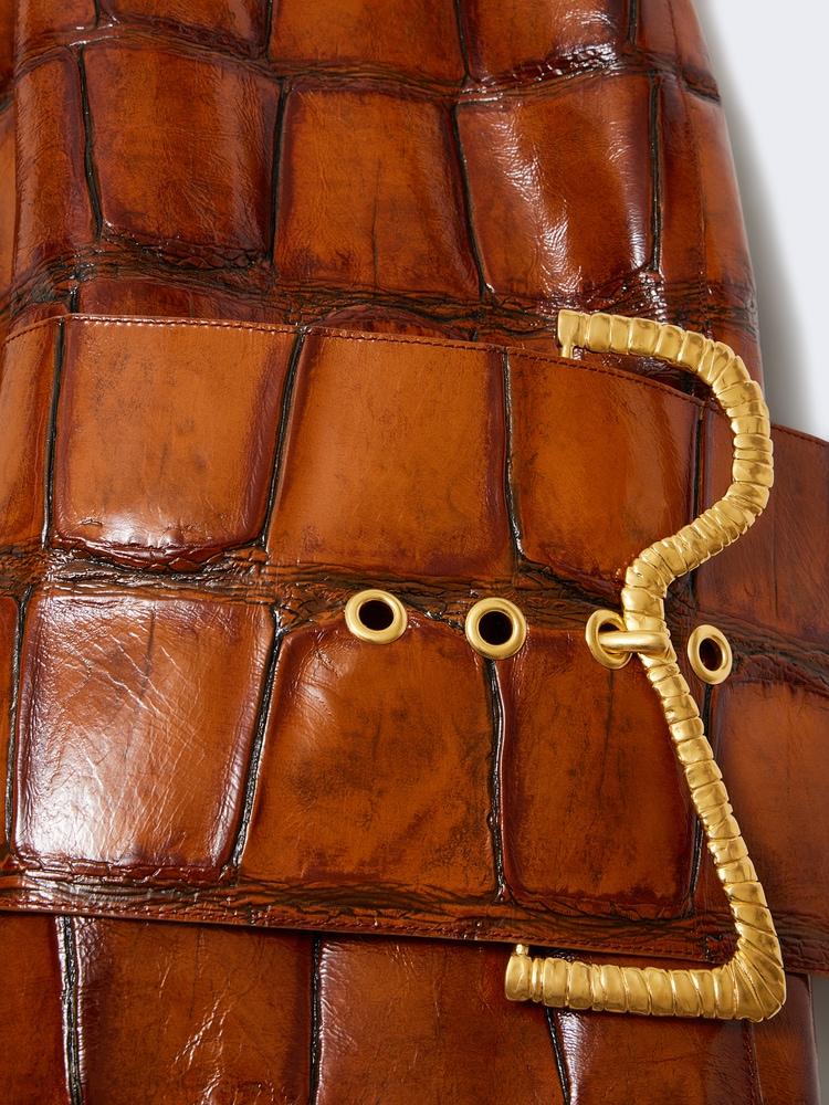 Crocodile-print amber leather coat