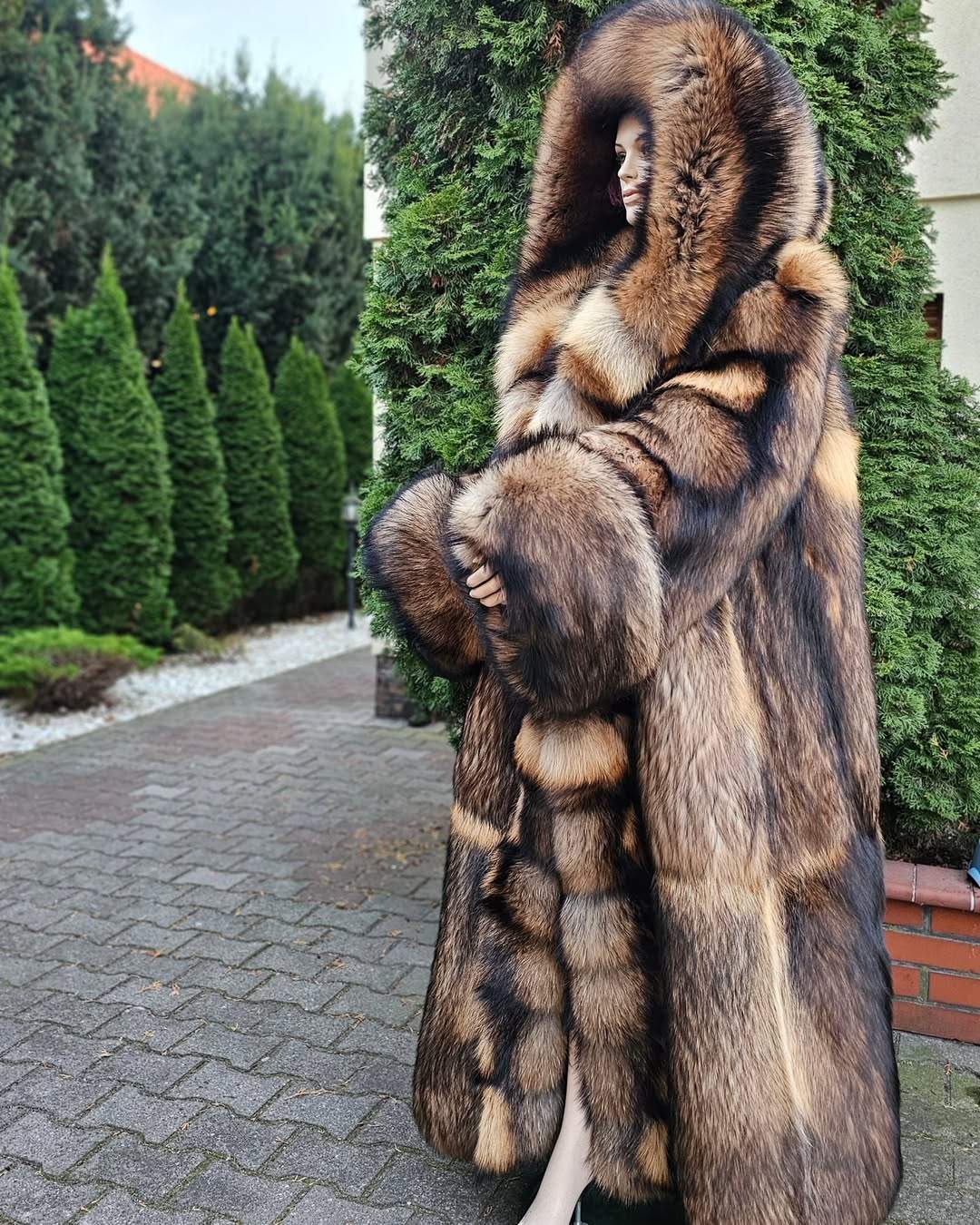 Extra long faux raccoon fur hooded fur coat