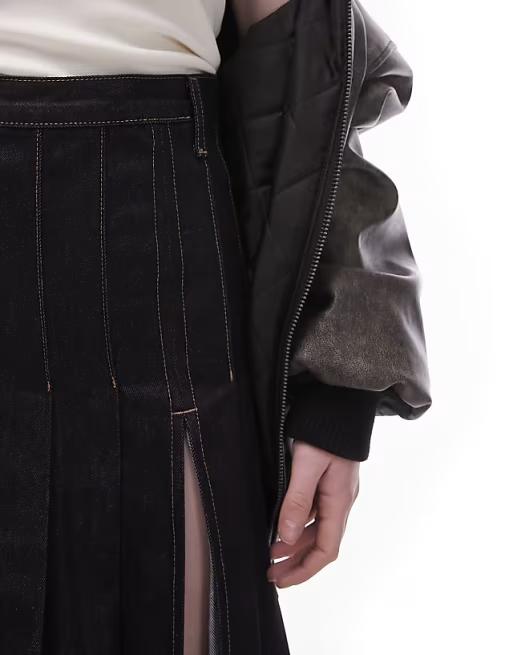 Front slit denim pleated midi skirt
