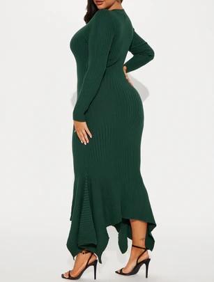 Green Knit Ruffle Hem Midi Dress