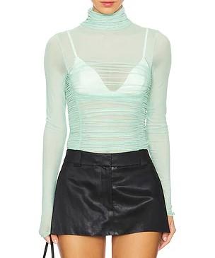 Sheer mesh turtleneck long-sleeve gathered bodysuit