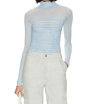Sheer mesh turtleneck long-sleeve gathered bodysuit