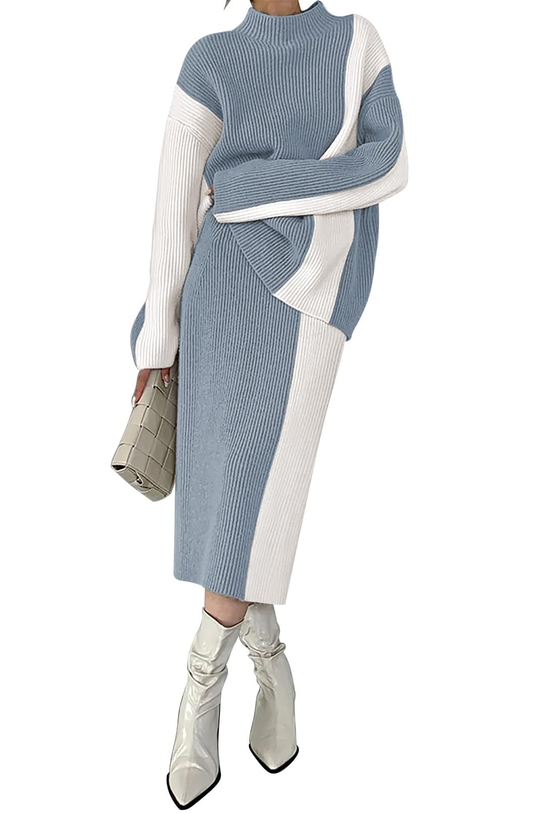 Autumn and winter sweater high waist color block dress suit