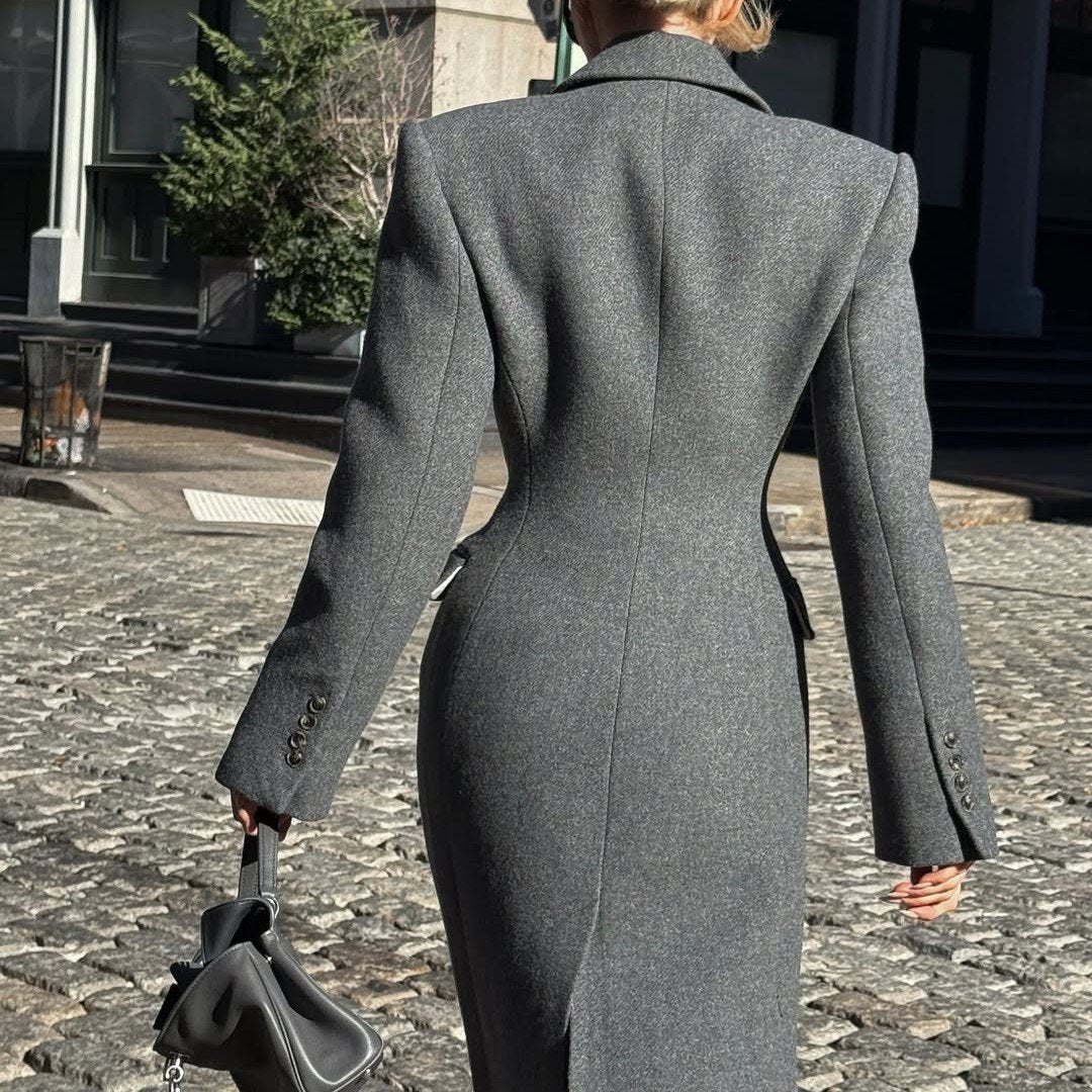 Gray wool double-breasted long coat