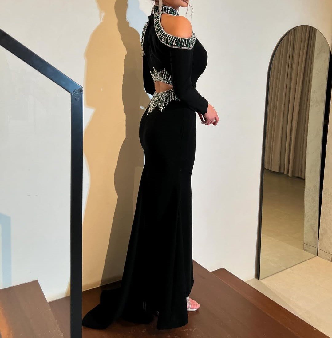 Black Shiny Strapless Gown Dress