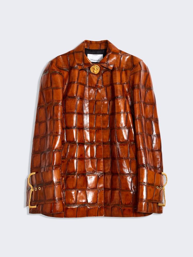 Crocodile-print amber leather coat