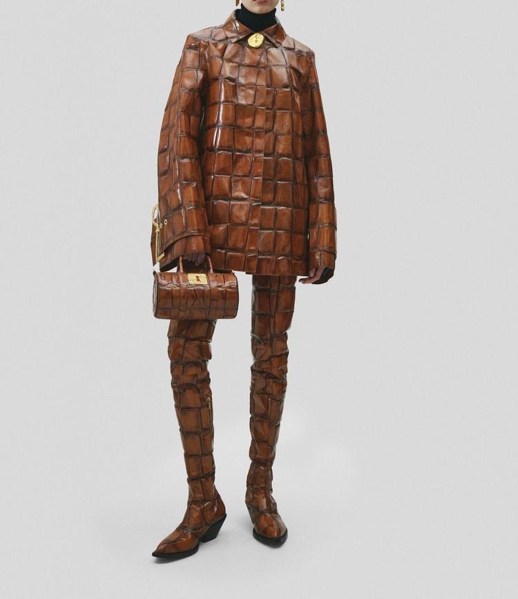 Crocodile-print amber leather coat