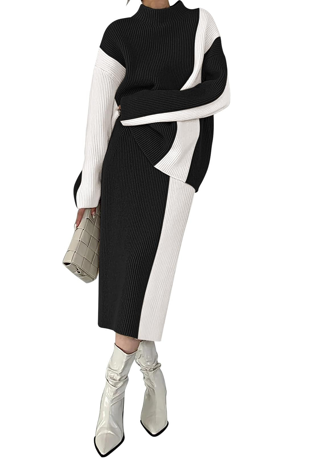 Autumn and winter sweater high waist color block dress suit