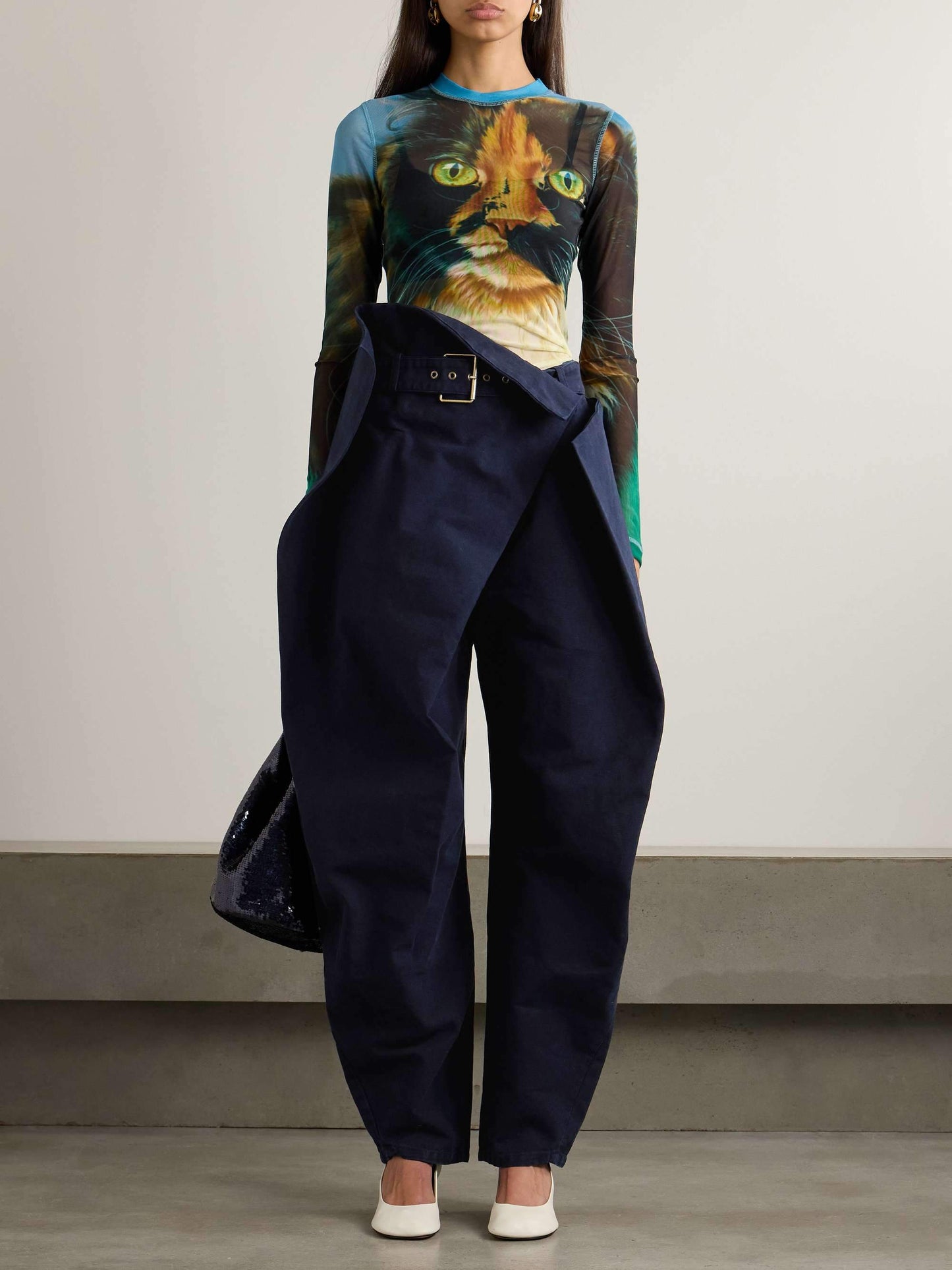 Asymmetrical layered belted organic cotton twill tapered pants