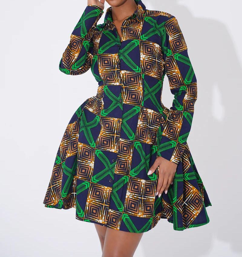 Batik print long sleeve flared skirt