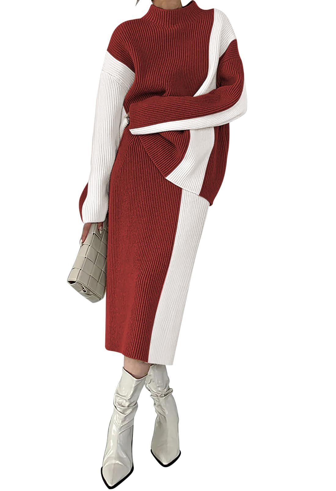 Autumn and winter sweater high waist color block dress suit