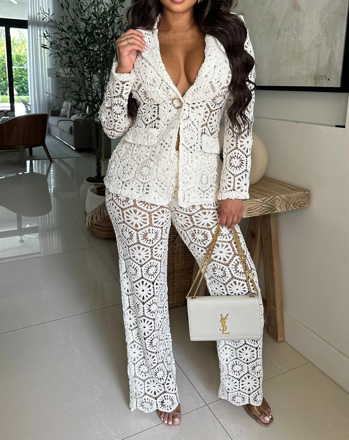 Ladies' two-piece lace hollow suit