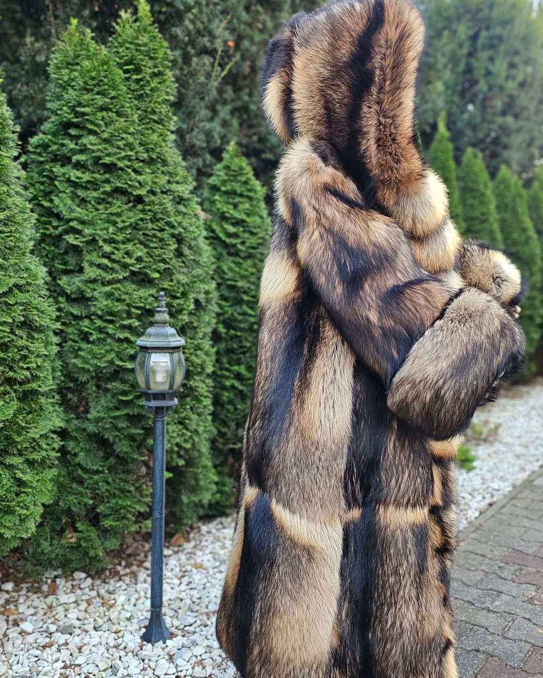 Extra long faux raccoon fur hooded fur coat