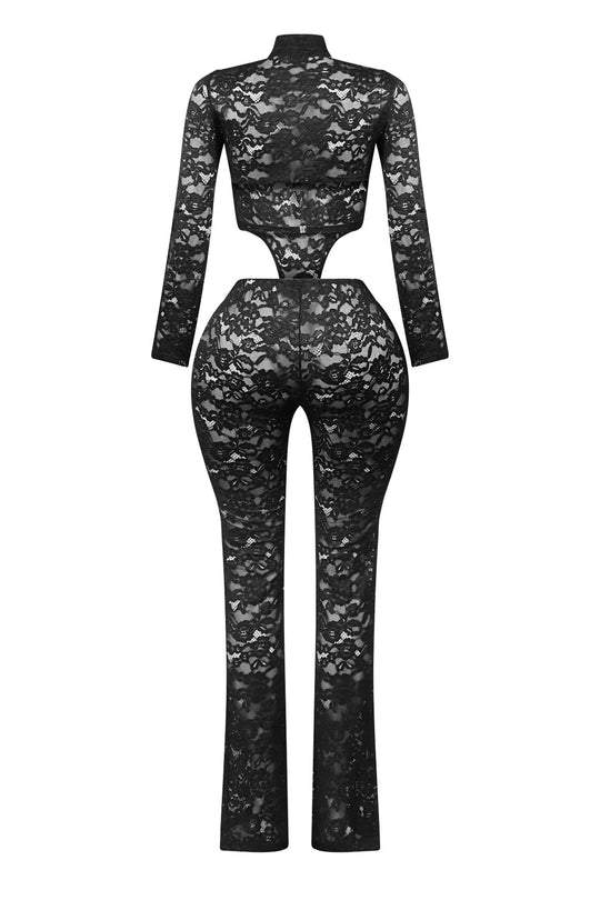 Lace stand collar long sleeve jumpsuit