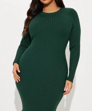 Green Knit Ruffle Hem Midi Dress