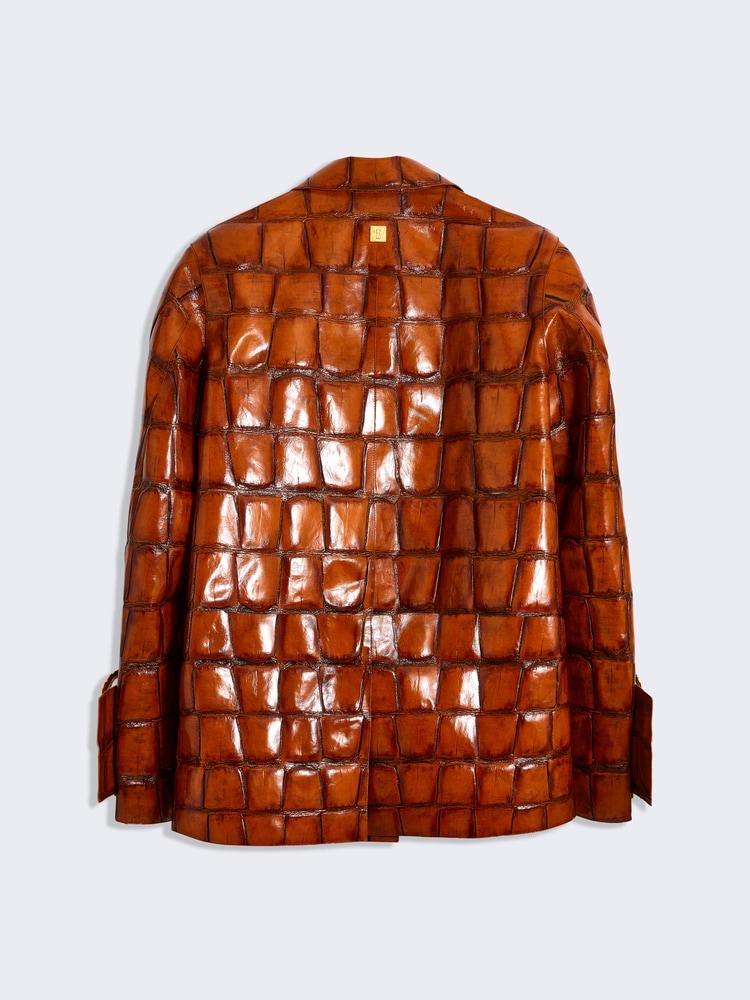 Crocodile-print amber leather coat