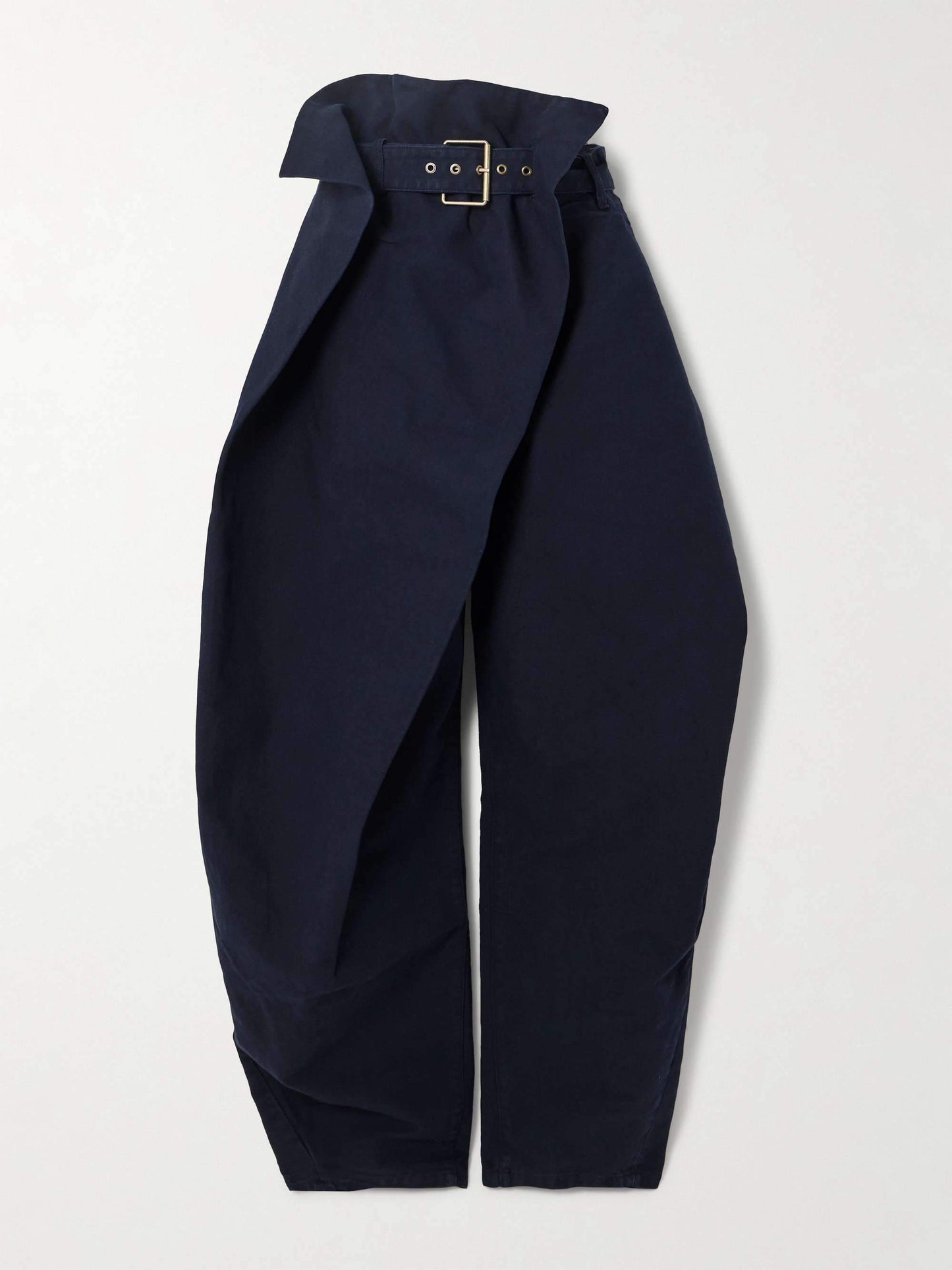 Asymmetrical layered belted organic cotton twill tapered pants