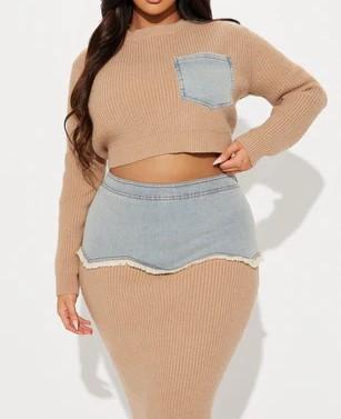 Denim patchwork sweater midi skirt suit