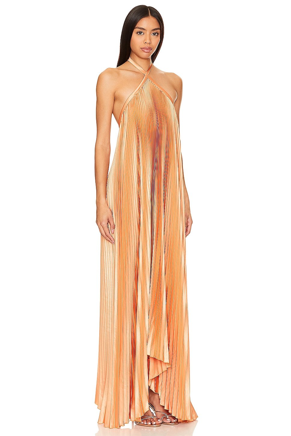 Halterneck pleated satin maxi skirt