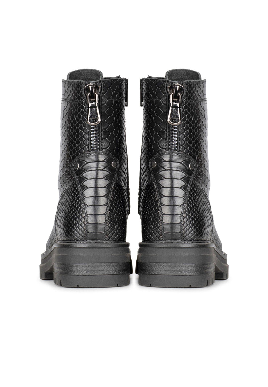 Snake print black leather lace-up boots
