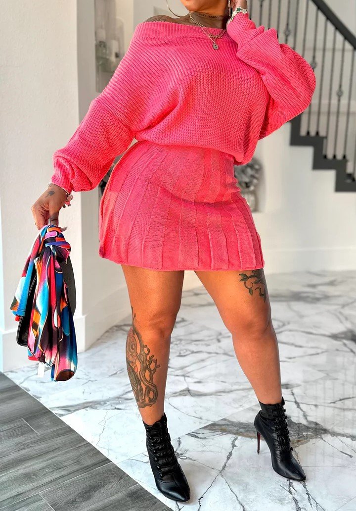 Two-piece set with bateau collar top and pleated skirt