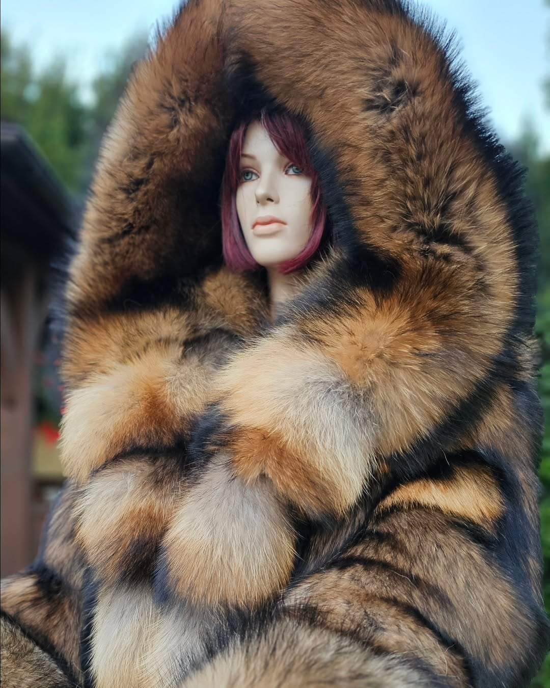 Extra long faux raccoon fur hooded fur coat