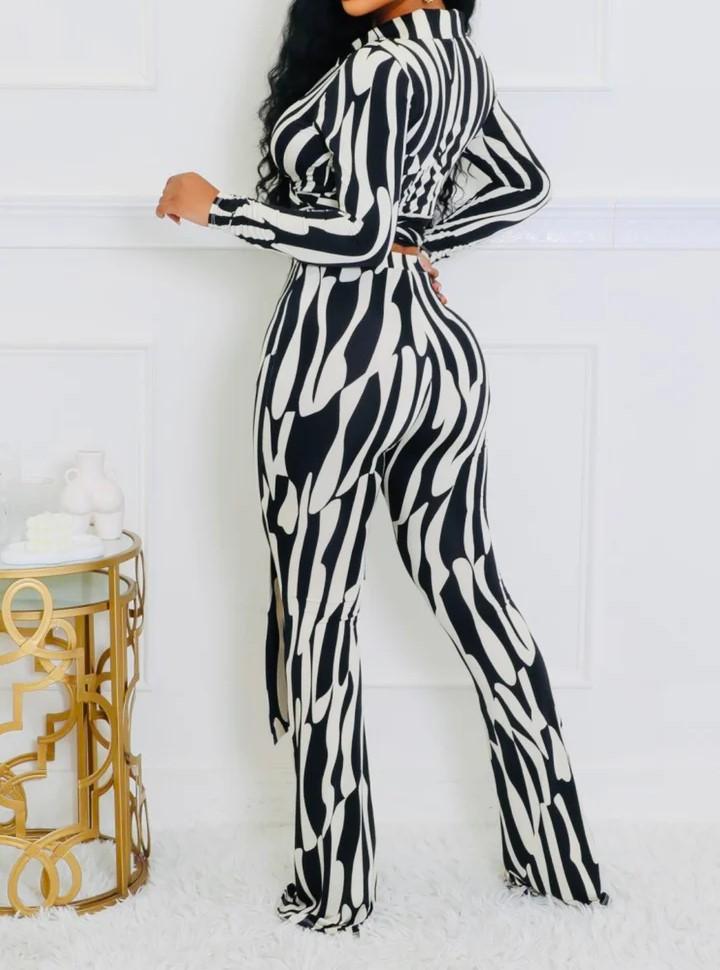 zebra print stretch pants suit