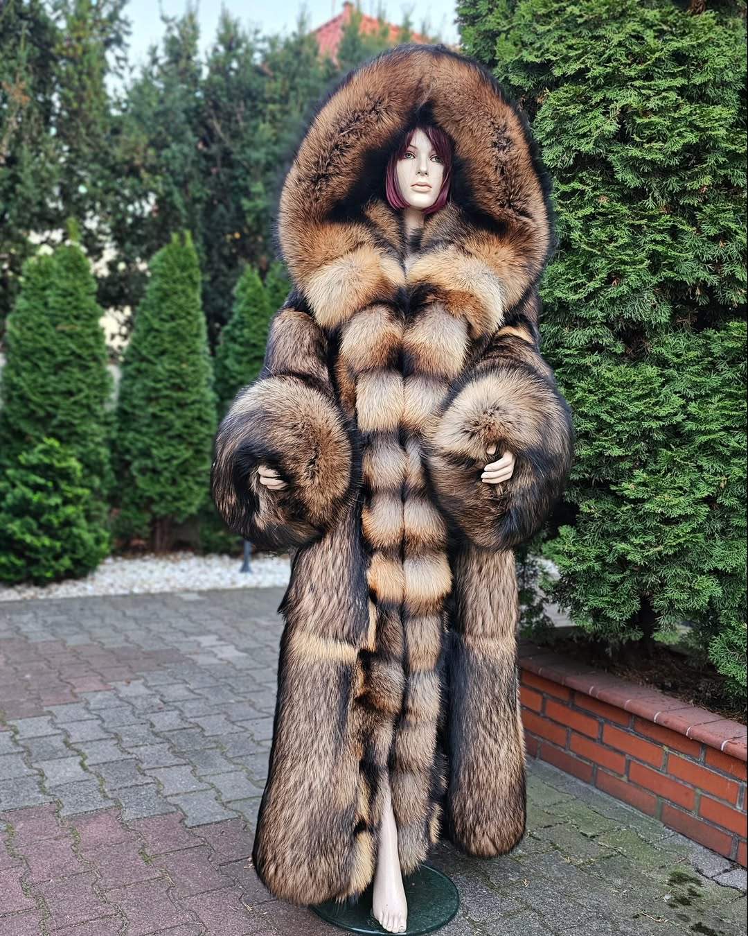 Extra long faux raccoon fur hooded fur coat