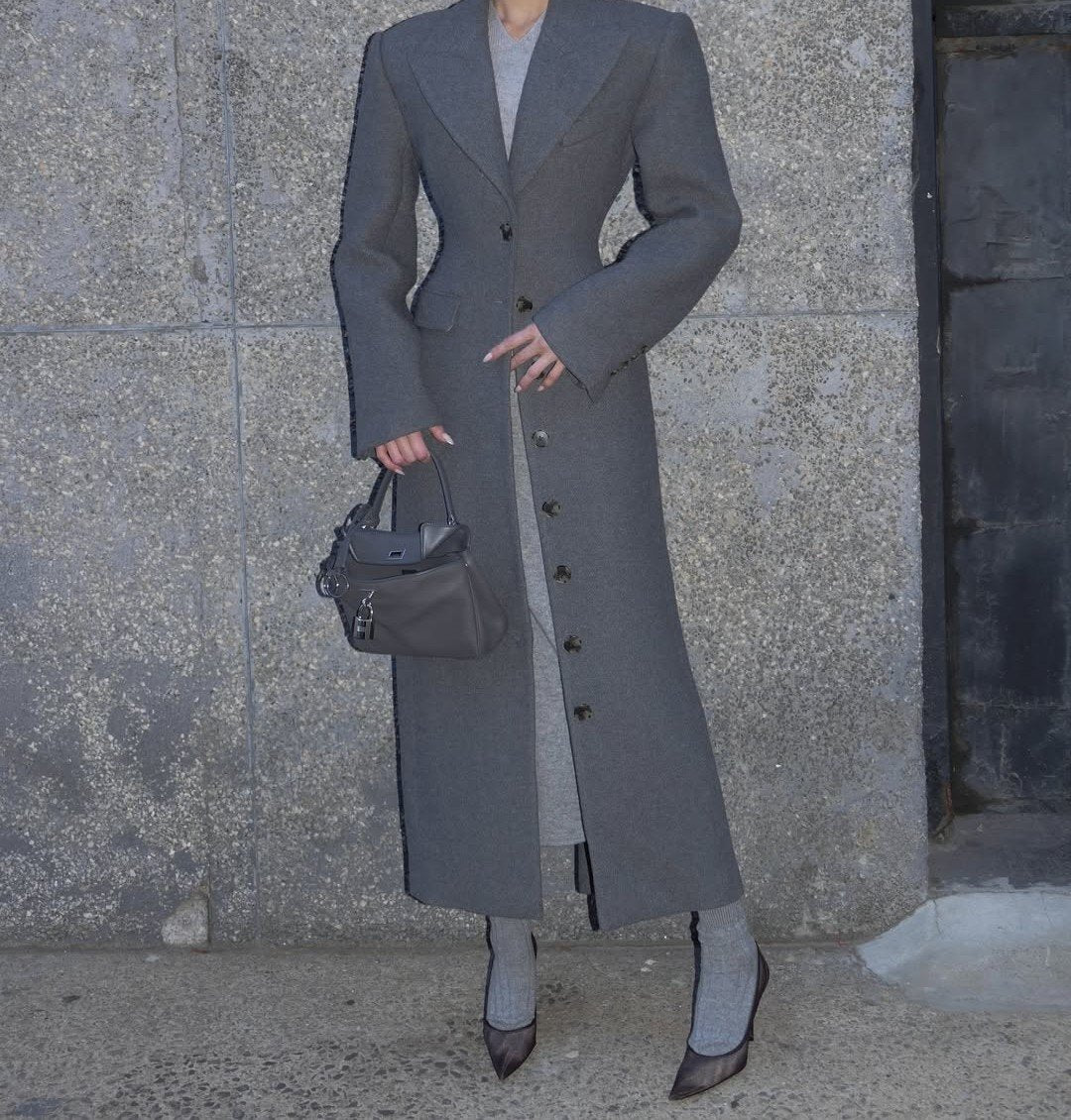 Gray wool double-breasted long coat