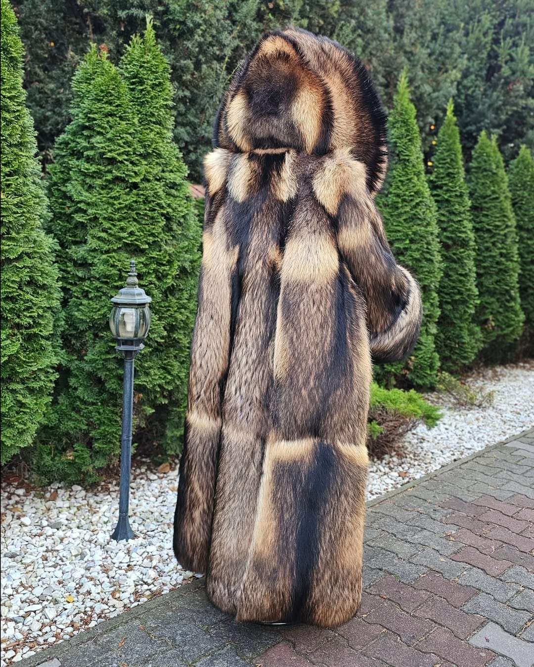Extra long faux raccoon fur hooded fur coat