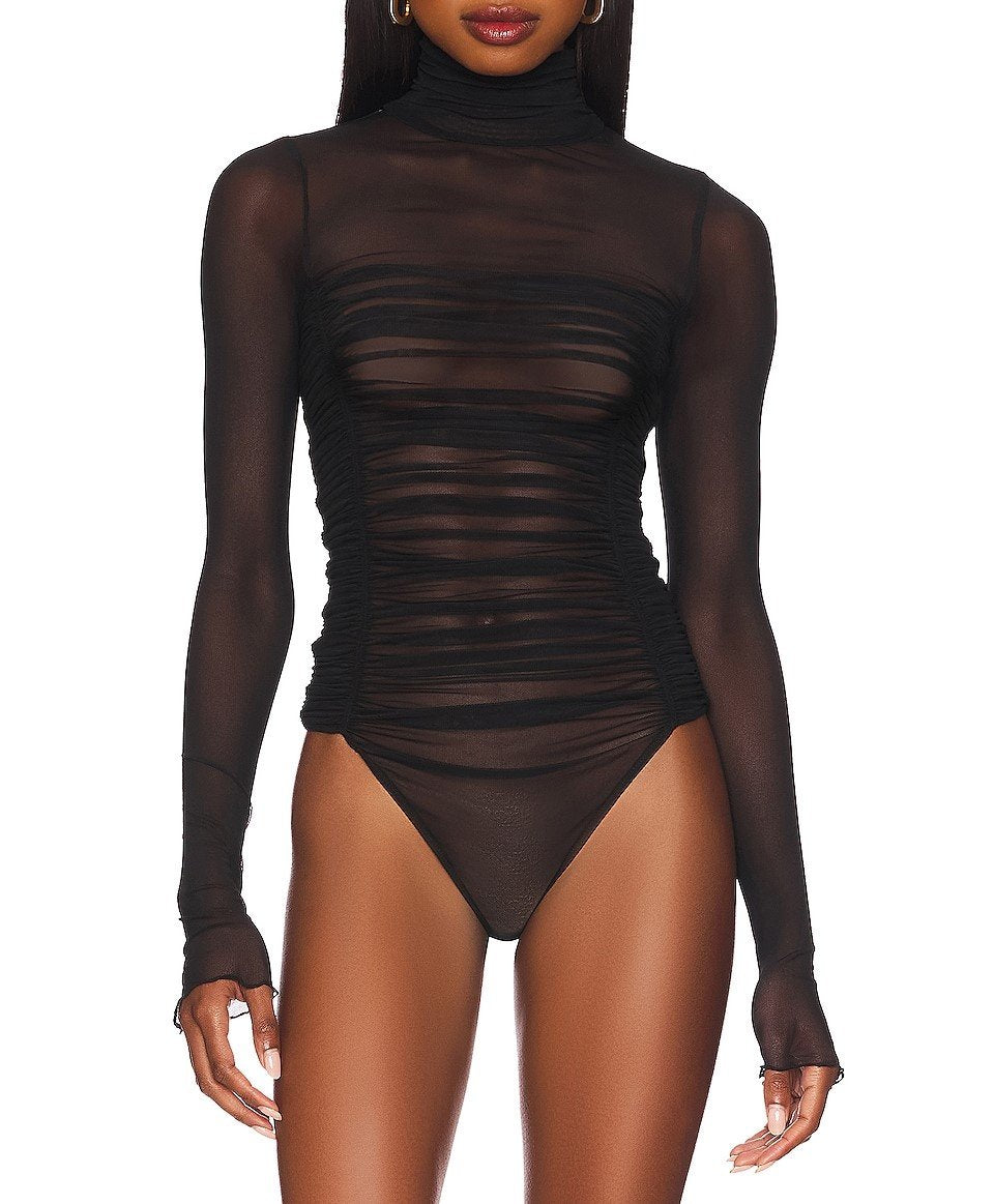 Sheer mesh turtleneck long-sleeve gathered bodysuit