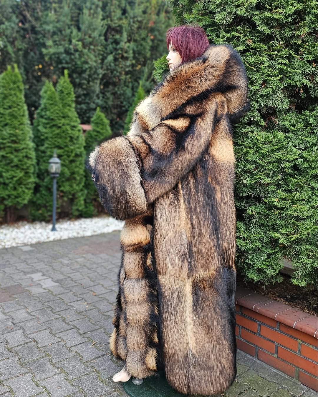 Extra long faux raccoon fur hooded fur coat