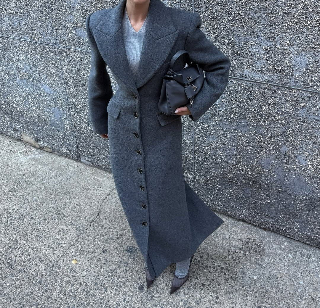 Gray wool double-breasted long coat