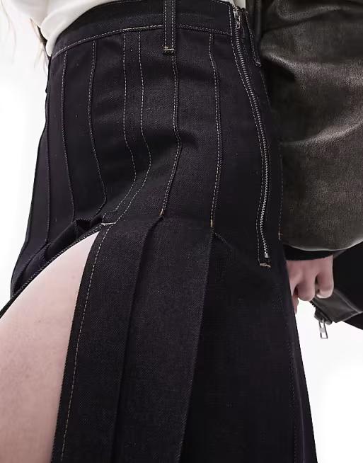 Front slit denim pleated midi skirt