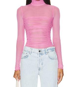 Sheer mesh turtleneck long-sleeve gathered bodysuit