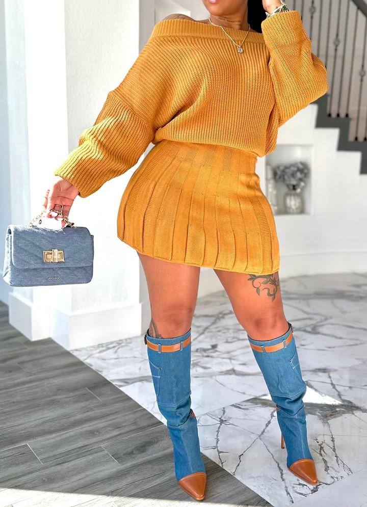 Two-piece set with bateau collar top and pleated skirt