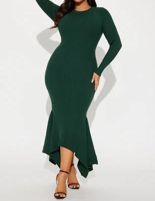 Green Knit Ruffle Hem Midi Dress