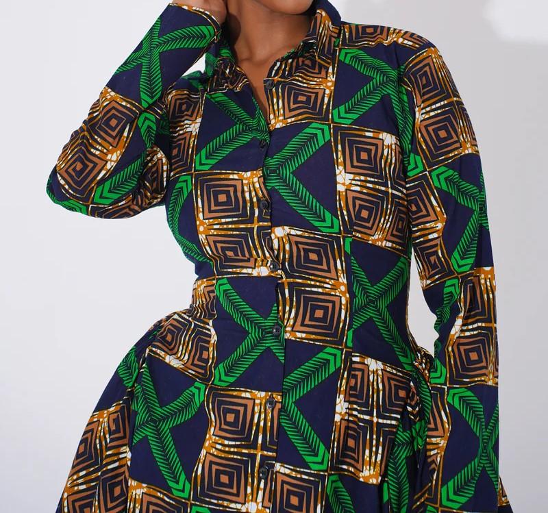 Batik print long sleeve flared skirt