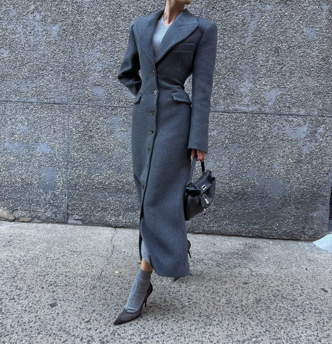 Gray wool double-breasted long coat