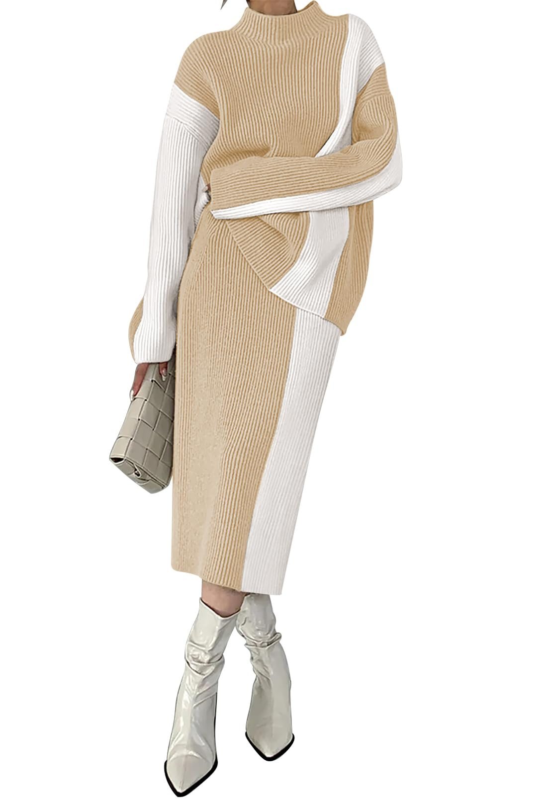 Autumn and winter sweater high waist color block dress suit