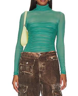 Sheer mesh turtleneck long-sleeve gathered bodysuit
