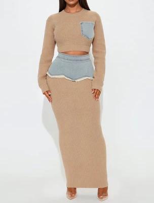 Denim patchwork sweater midi skirt suit