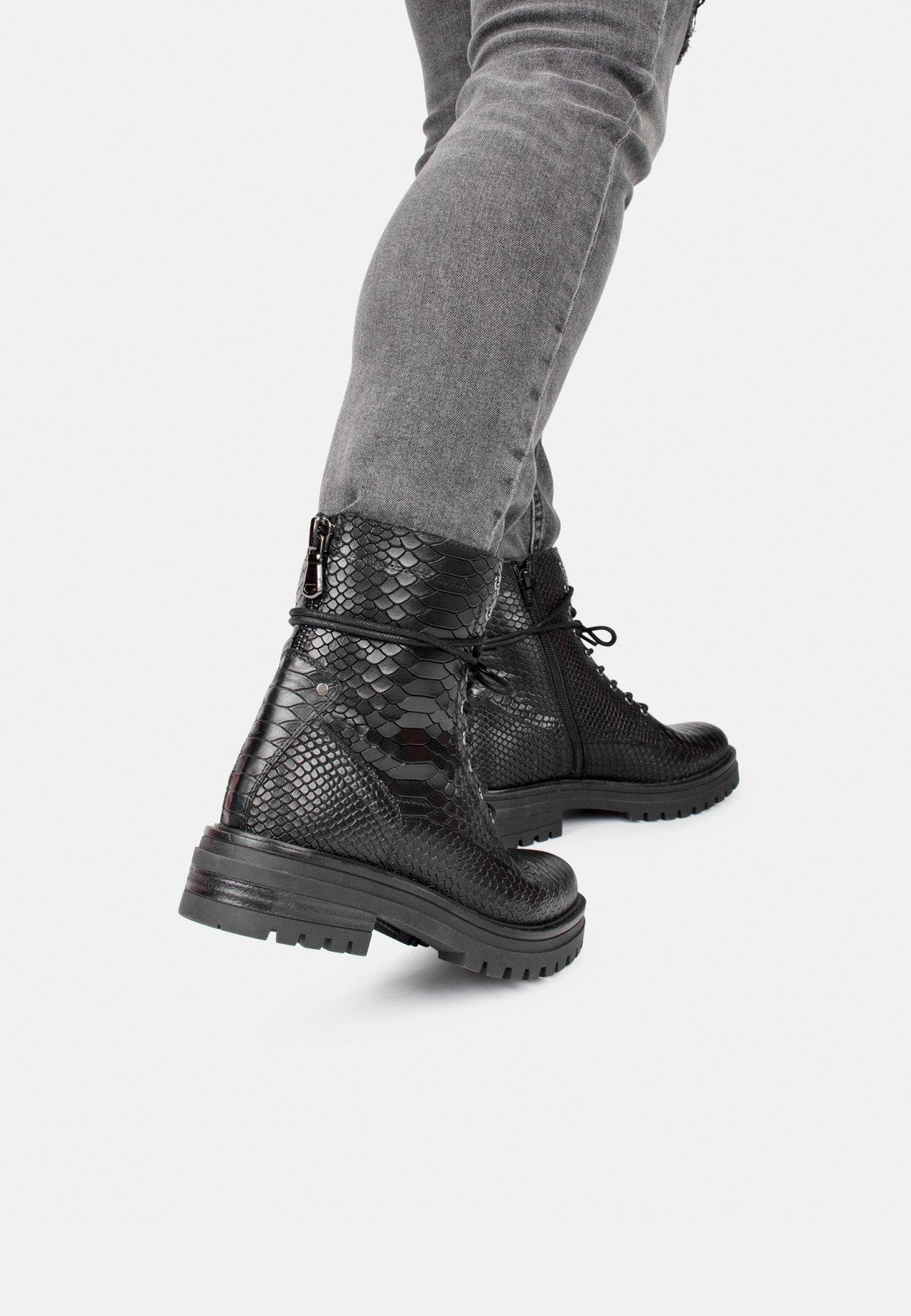 Snake print black leather lace-up boots