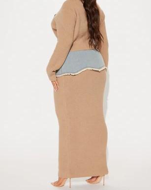 Denim patchwork sweater midi skirt suit